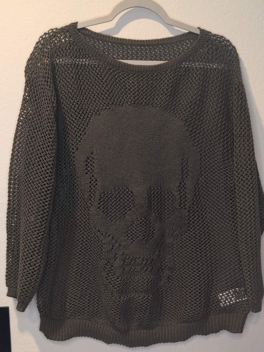 Dark Gray/Green Open-Knit Skull Sweater - Women's